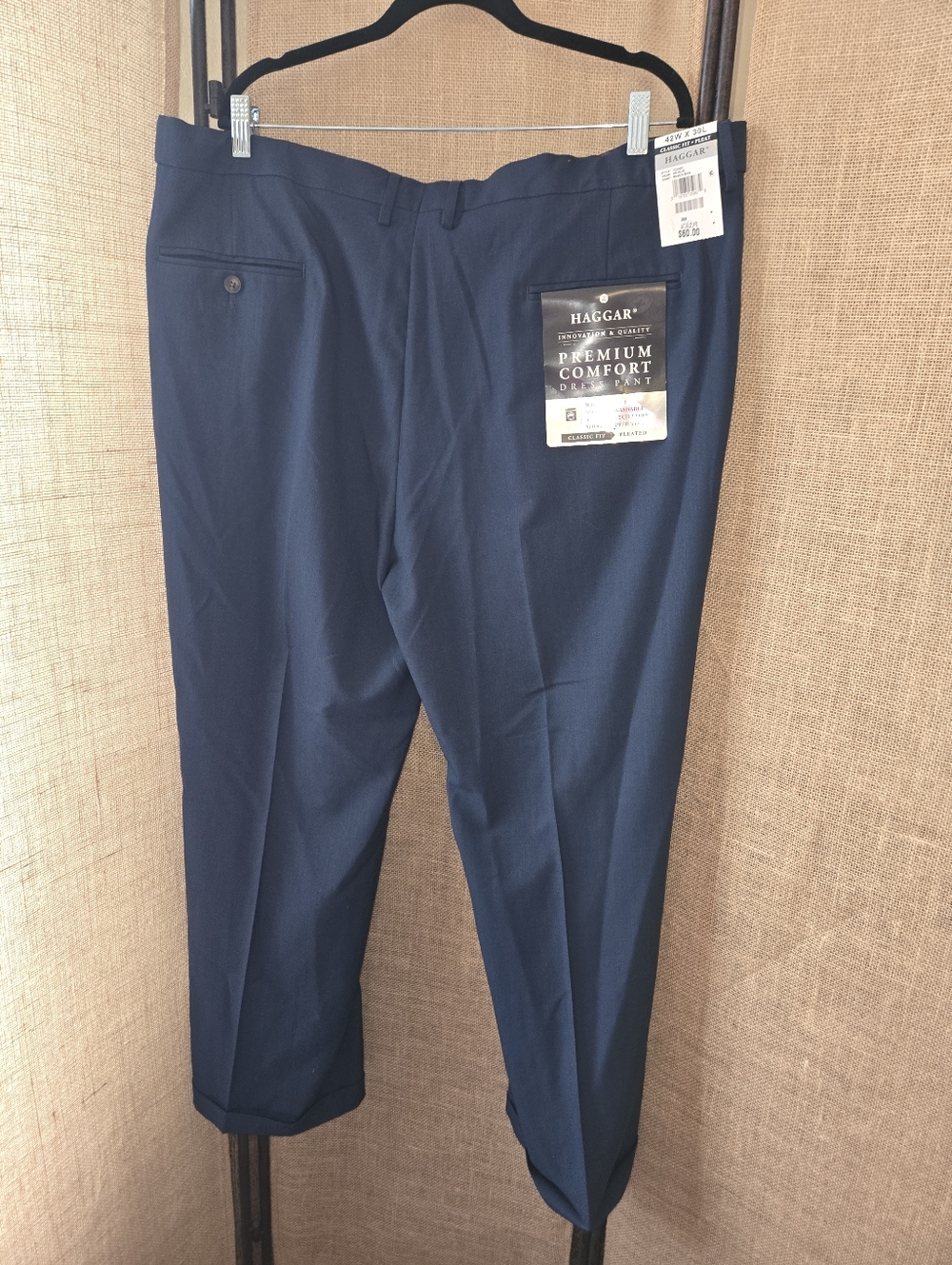 NWT Men's Haggar Classic Front Pleat Stretch Stria Navt Dress Pant 40W X 30L - Picture 8 of 12